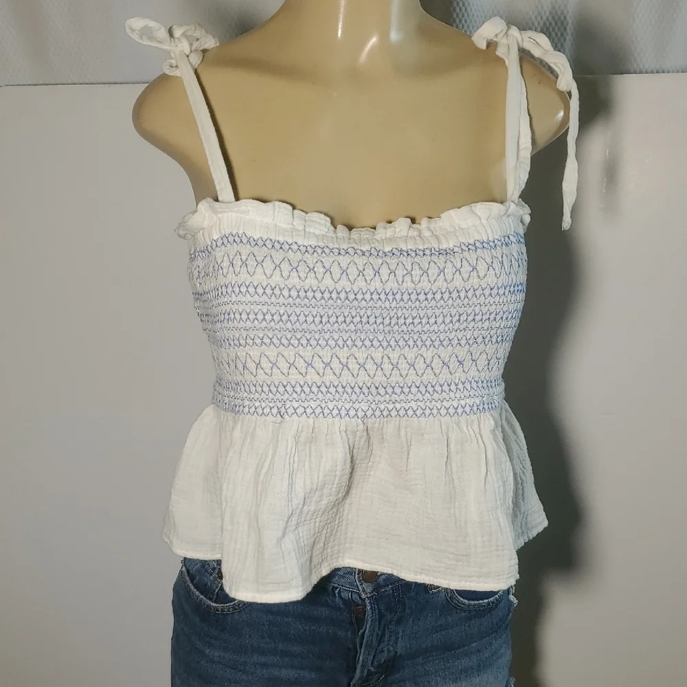 Free People White and Blue Smocked tie strap Blouse Size M